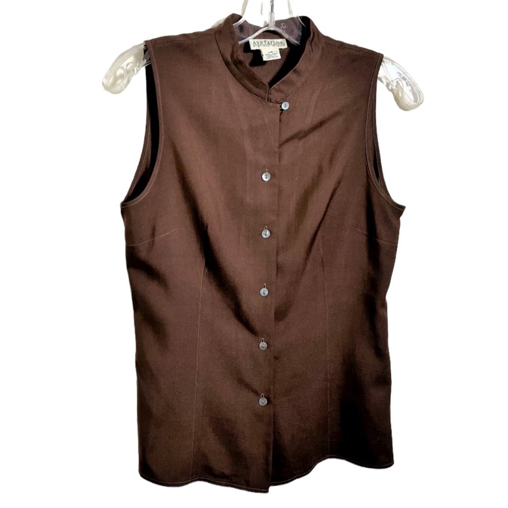 Ann Taylor Petites 100% Silk Chocolate Brn Sleeveless Button Down Blouse, Sz 4P